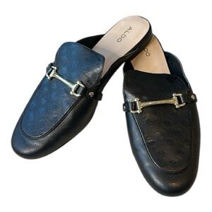 Aldo Terri Black Loafer Mules Size 10 Gold-Tone Horsebit Slides Slip On Shoes